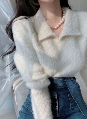 Fluffy Pullover Woman Turn Down Collar Solid Color Korean Fa