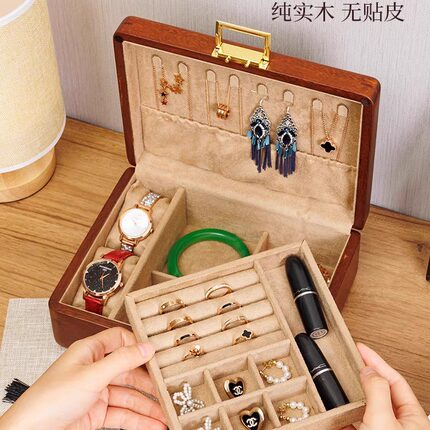 （饰品）金丝柚木首饰收纳盒轻奢实木手镯项链首饰盒子带锁