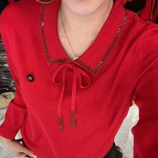 跨年红色毛衣蝴蝶结烫钻m标翻领针织衫爆款休闲百搭通勤妈妈装