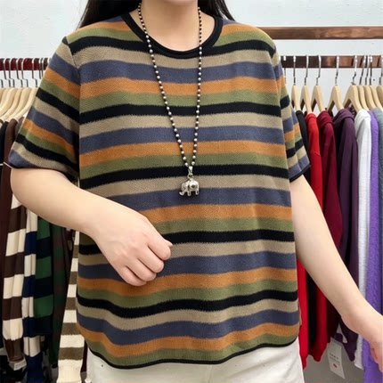妈妈装夏装中老年复古条纹风撞色针织衫女短袖圆领设计感减龄上衣