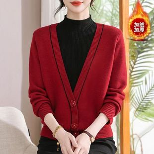 红色半高领毛衣女加绒加厚一体绒假两件针织衫女时尚保暖毛衣上衣