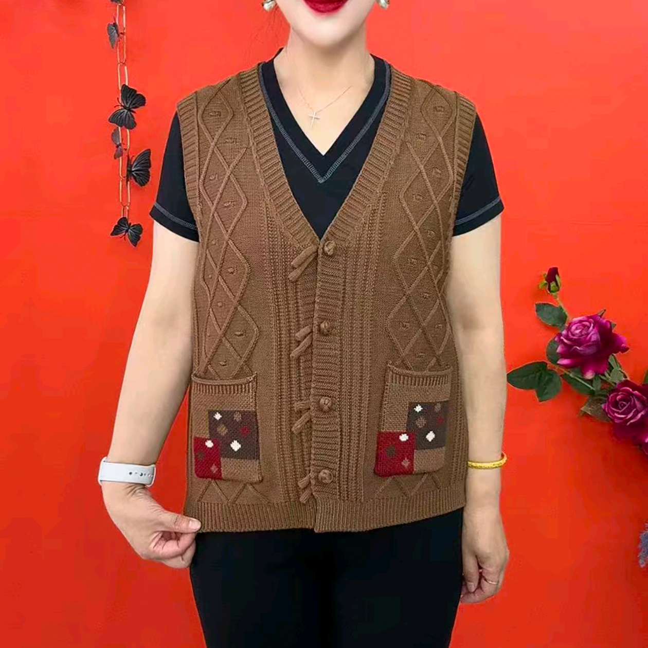 复古文艺口袋针织马夹背心女宽松减龄棉线毛衣坎肩小个子马甲开衫