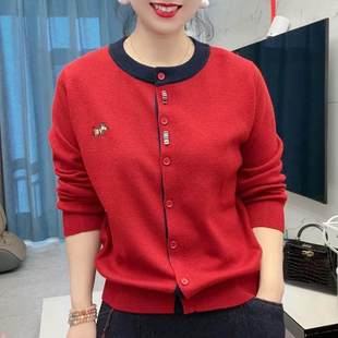 春装红色开衫女小马标拼色刺绣针织毛衣外套长袖圆领洋气