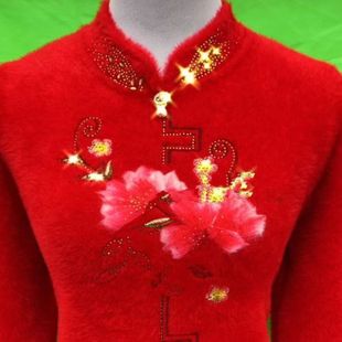 妈妈装冬装水貂绒毛衣女加厚打底衫旗袍款大红色本命年老年女装