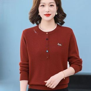 红色圆领纽扣针织衫女套头保暖百搭打底衫秋冬内搭毛衣春秋小马