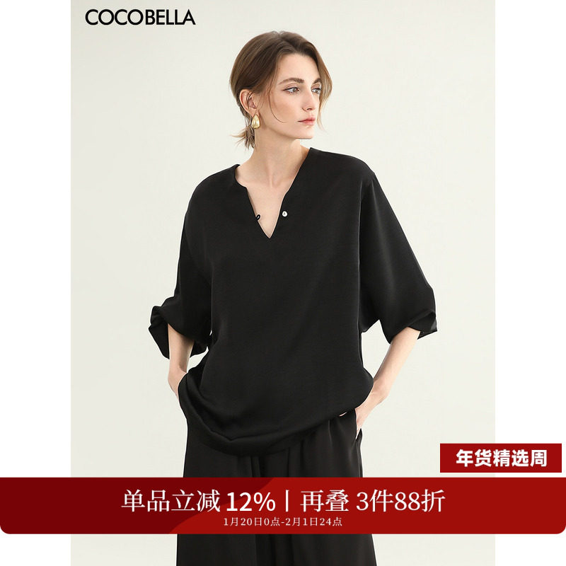 COCOBELLA奢感黑色缎面极简风休闲衬衫女夏气质OL通勤上衣