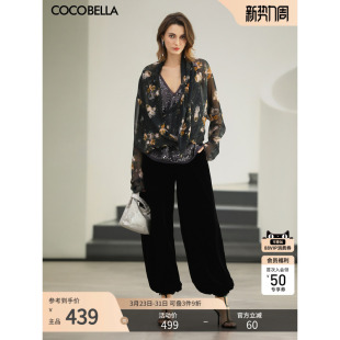 COCOBELLA仿真丝丝绒休闲裤 PA0041 女26春黑色气质高腰灯笼裤