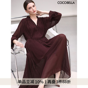 COCOBELLA气质酒红木耳领压褶连衣裙25春夏V领衬衫 长裙FR7015