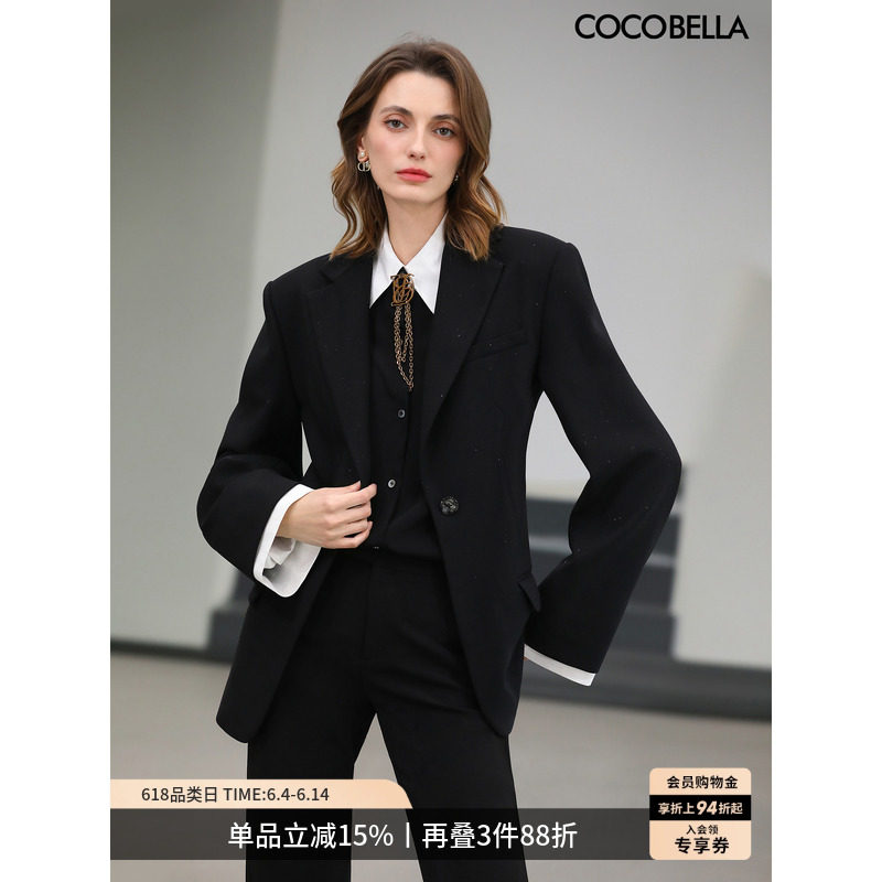 COCOBELLA时尚黑色气质西装女春可拆卸袖口通勤外套SI0075-2