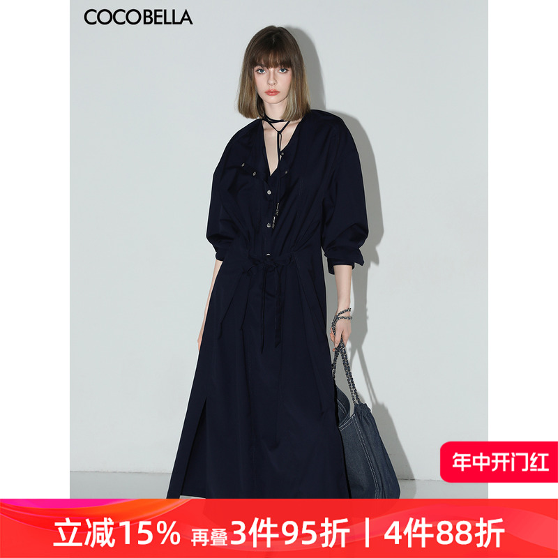 预售COCOBELLA重工绗线金属扣开叉连衣裙女通勤飘带衬衫裙FR3039 女装/女士精品 连衣裙 原图主图