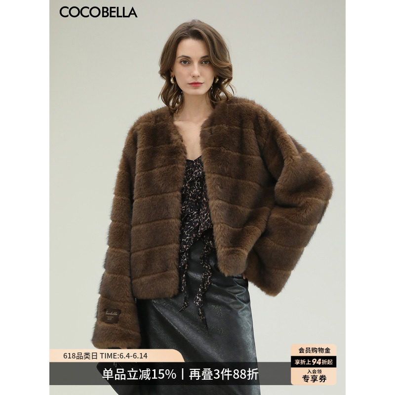 COCOBELLA中古风仿貂绒横排工艺环保皮草外套御寒毛绒大衣FU3005