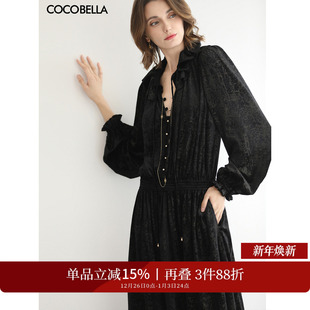 COCOBELLA复古压花烫金丝绒连衣裙荷叶收腰内搭长裙FR3239