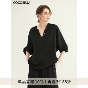 女夏气质OL通勤上衣SR7066 预售COCOBELLA奢感黑色缎面极简风衬衫