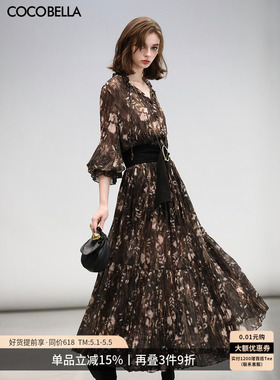 COCOBELLA复古金丝压褶印花连衣裙女度假风雪纺长裙FR3075-2