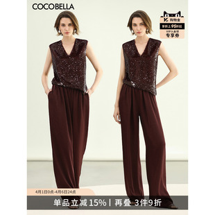 PA3073 垂坠通勤阔腿裤 预售COCOBELLA静奢风酒红丝光缎面休闲裤