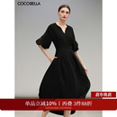 COCOBELLA简约气质黑色收腰极简风连衣裙女优雅短袖 长裙FR3033