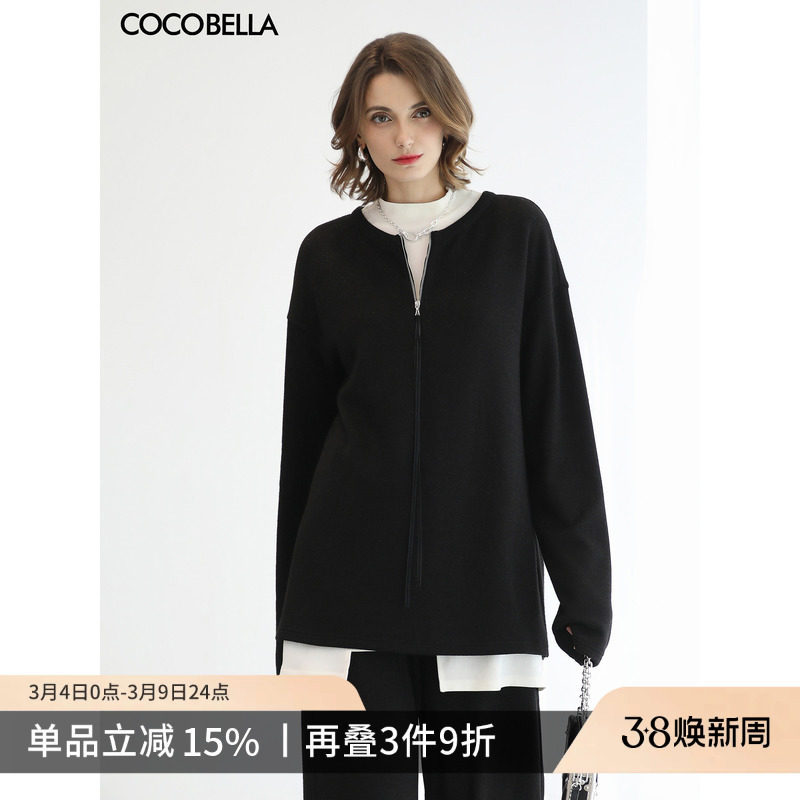 COCOBELLA时尚圆领黑色拉链毛衣女气质通勤套头针织衫MZ3301-2