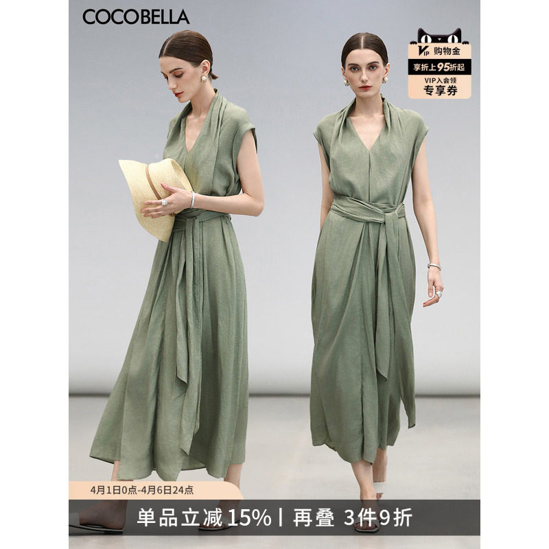 COCOBELLA气质通勤亚麻连衣裙女夏立体飘带领系带衬衫裙FR3051