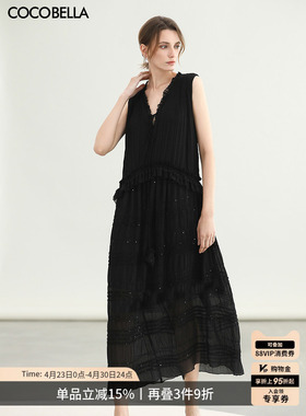COCOBELLA重工司马克15米对丝无袖连衣裙气质黑色背心裙FR3043-2