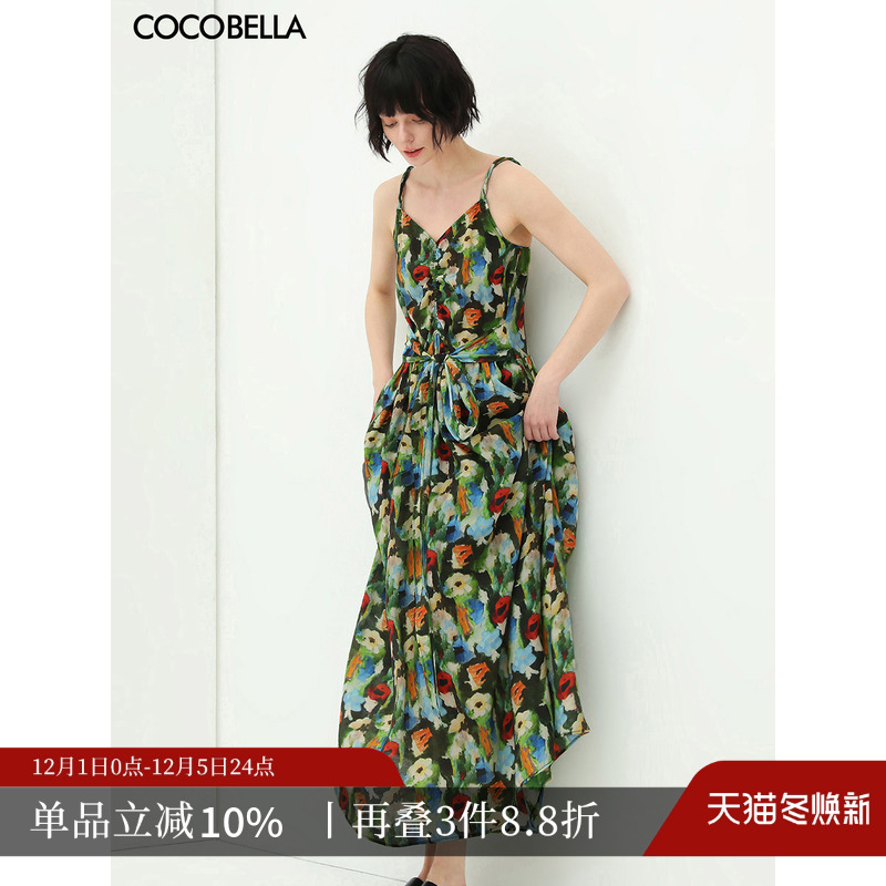【折扣季】COCOBELLA油画风花卉碎花印花吊带连衣裙飘逸长裙FR565