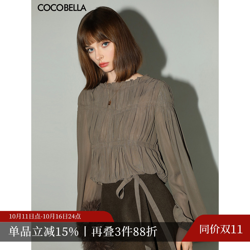 COCOBELLA名媛风手工压褶木耳边雪纺衬衫气质通勤飘带衬衣SR7062