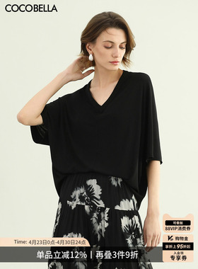 COCOBELLA慵懒风微透视V领黑色短袖T恤女蝙蝠袖针织衫TS7081-2