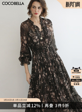 预售COCOBELLA金丝压褶花卉印花长袖连衣裙度假风雪纺长裙FR3075