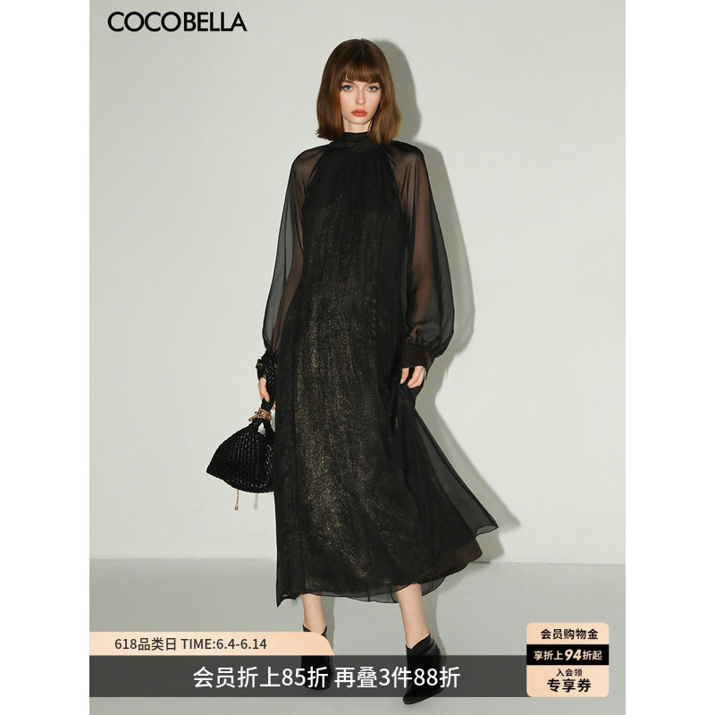COCOBELLA赫本风优雅气质小黑裙女半高领假两件长袖连衣裙FR0053
