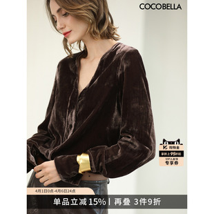 COCOBELLA气质女人味V领丝绒衬衫 衬衣SR0010 女早春静奢风通勤长袖