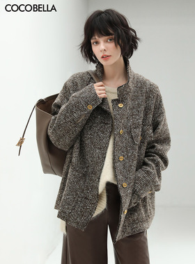 COCOBELLA静奢风珠片花纱毛呢外套女立领短款廓形小香风西装WL507