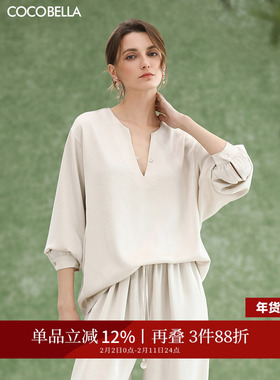 COCOBELLA简约法式仿醋酸缎面衬衣极简白色衬衫通勤上衣SR7066-2