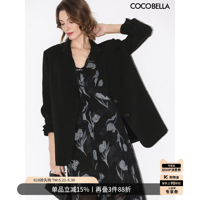 COCOBELLA高智感休闲廓形西装外套女宽松通勤黑色正装西服SI57B-2