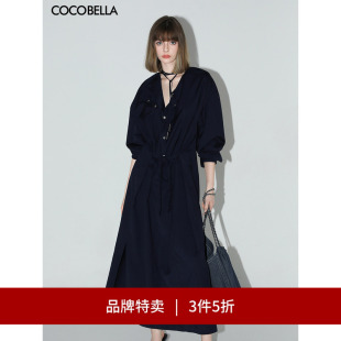 裙FR3039 COCOBELLA重工绗线开叉连衣裙女飘带黑色衬衫 3件5折