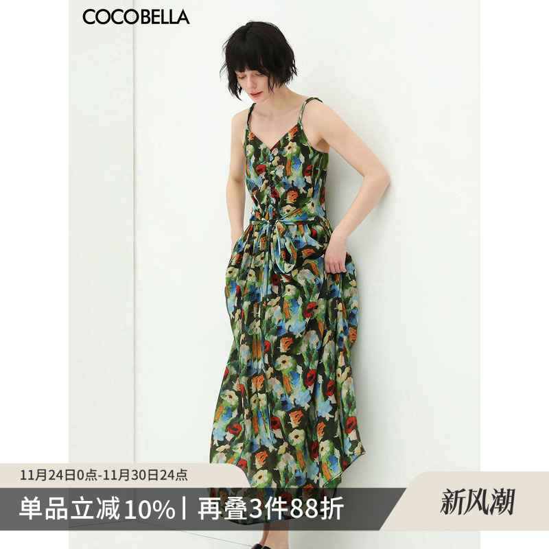 【折扣季】COCOBELLA油画风花卉碎花印花吊带连衣裙飘逸长裙FR565