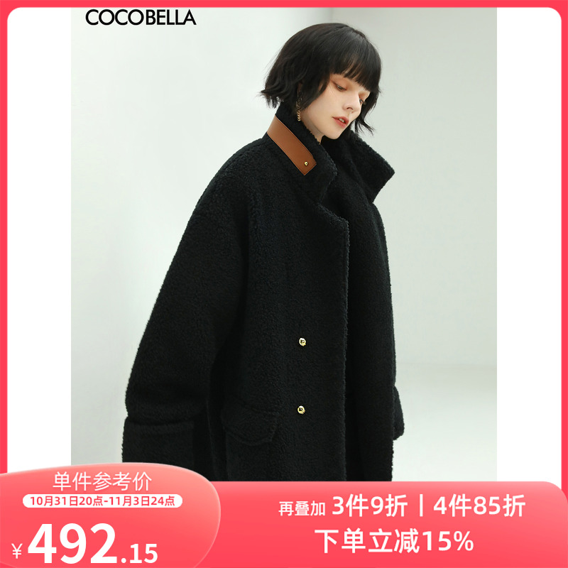 COCOBELLA质感泰迪卷毛绒外套女PU拼接立领派克服大衣SC538