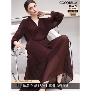COCOBELLA气质酒红木耳领长袖 长裙FR7015 压褶连衣裙女OL通勤衬衫