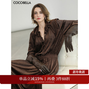 COCOBELLA复古压花烫金丝绒连衣裙女秋冬收腰内搭长裙FR3239