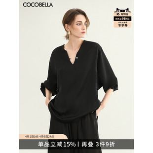 气质OL通勤上衣SR7066 预售COCOBELLA奢感黑色缎面极简风休闲衬衫
