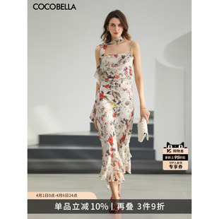 FR0085 COCOBELLA女人味荡领印花连衣裙26春雪纺丝巾长裙套装