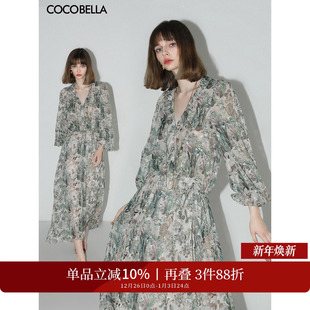 COCOBELLA重工对丝提花长袖 雪纺连衣裙女度假风束腰茶歇裙FR157