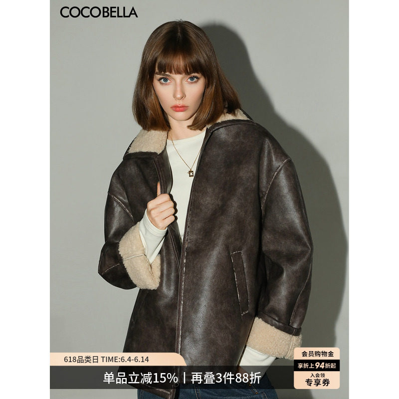 COCOBELLA[miu系穿搭]手工擦色PU环保皮衣女冬保暖棉服外套PU3007