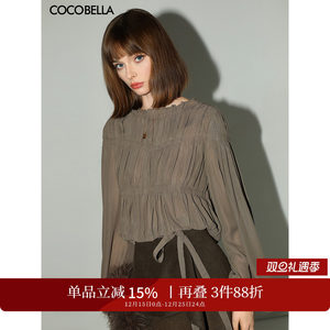 COCOBELLA名媛风手工压褶木耳边雪纺衬衫气质通勤飘带衬衣SR7062