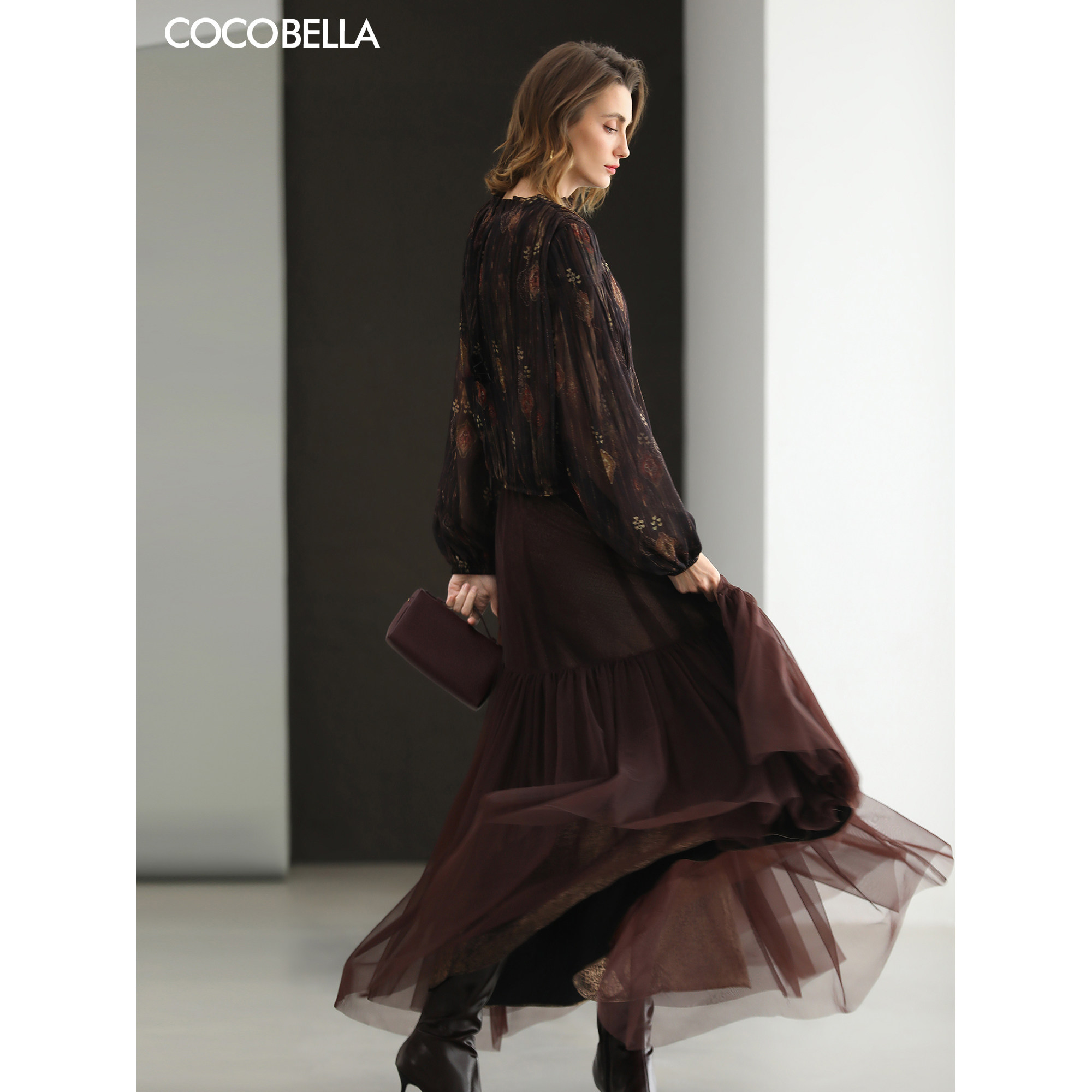 COCOBELLA优雅飘逸大摆半身裙女26春夏蓬蓬裙网纱长裙HS0071
