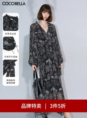 【3件5折】COCOBELLA植物印花飘逸大摆连衣裙V领女人味长裙FR3060