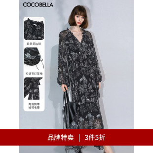 COCOBELLA植物印花飘逸大摆连衣裙V领女人味长裙FR3060 3件5折