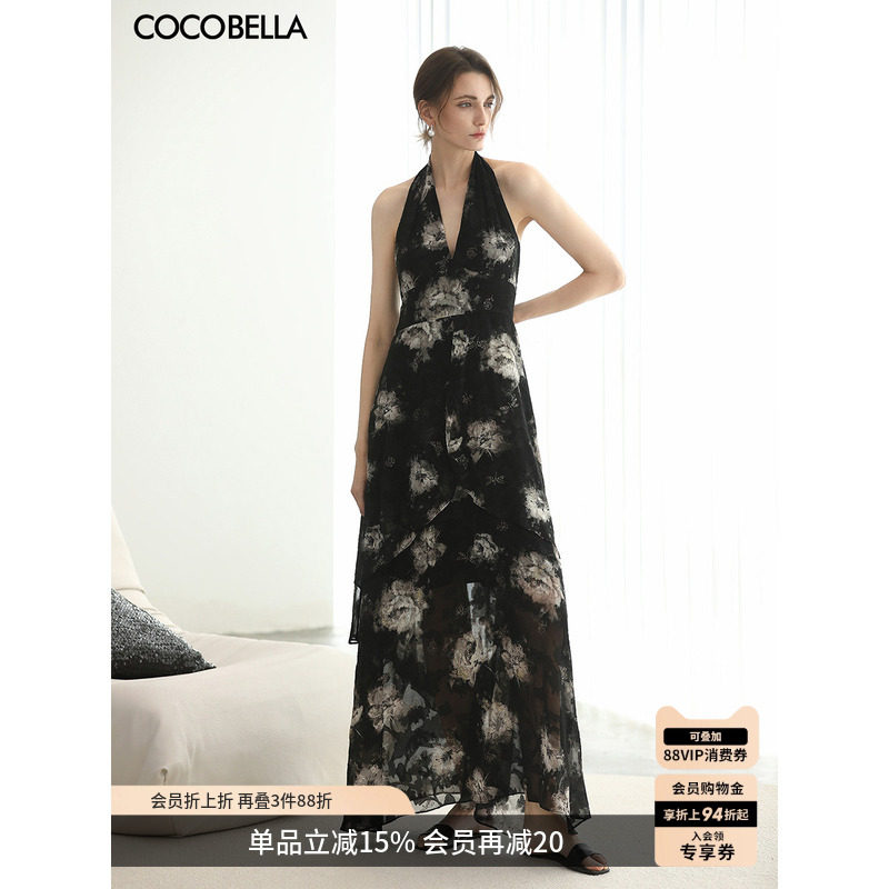 COCOBELLA优雅气质提花金葱背心裙女度假风挂脖大摆连衣裙FR3227