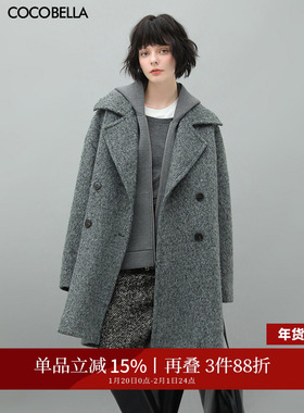 COCOBELLA格雷灰色大翻领毛呢大衣女新款长毛绒呢子外套WL910A-2