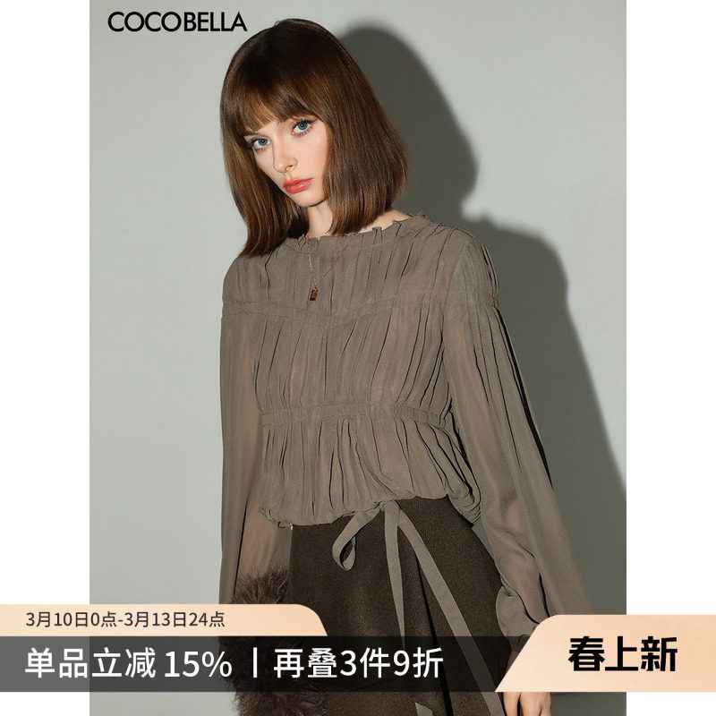 COCOBELLA名媛风手工压褶木耳边雪纺衬衫气质通勤飘带衬衣SR7062