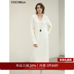 COCOBELLA气质V领落肩白色毛衣裙女秋冬新款通勤连衣裙MZ3258