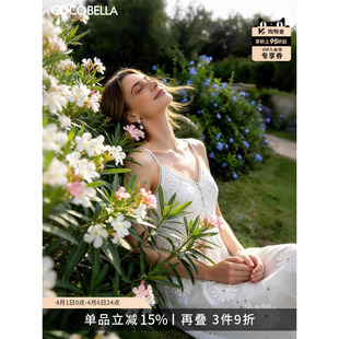 COCOBELLA棉花糖风植绣花朵镂空蕾丝拼接白连衣裙吊带裙FR3228